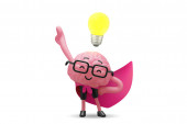 3d illustration of brain cute character in glasses with light bulb