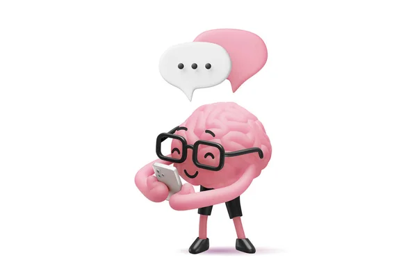 Ilustración Cerebro Lindo Personaje Gafas Con Teléfono Inteligente — Foto de Stock