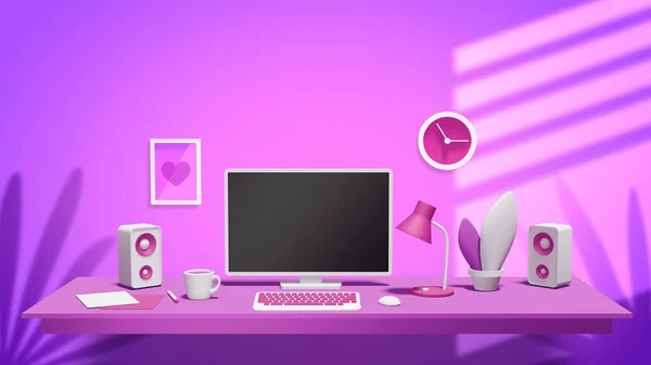 紫の色でオフィスワークスペースの美しいプロの3Dイラスト — ストック写真
