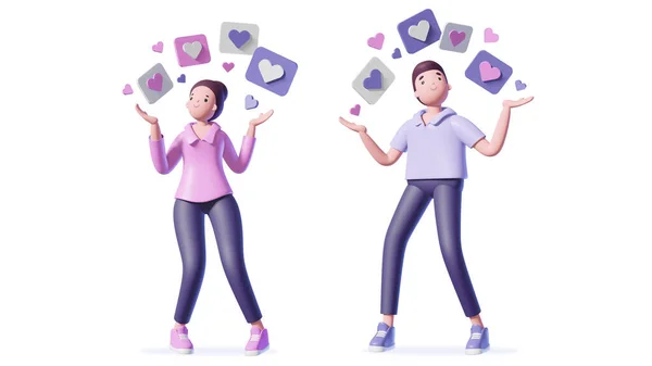 Illustration Man Woman Social Media Hearts White Background — Stock Photo, Image