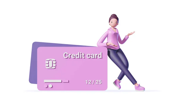 Illustration of 3d woman with big credit card on white background