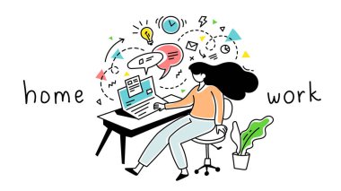 Beyaz arka planda dizüstü bilgisayarı olan çalışan bir kadının vektör işi çizimi