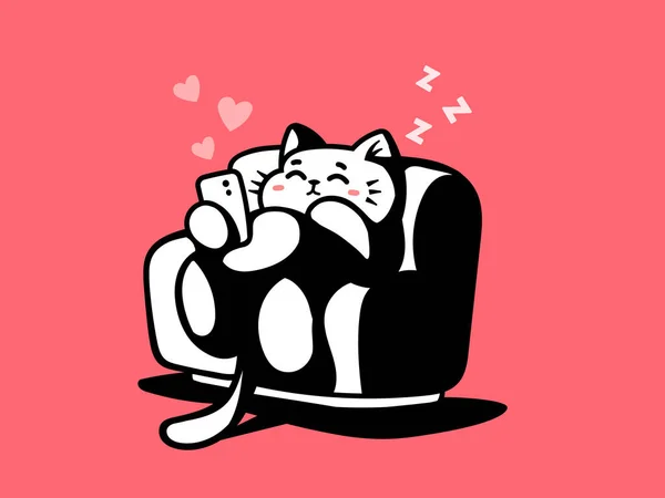 Ilustración Vectorial Divertido Personaje Lindo Gato Acostado Sillón Con Teléfono — Vector de stock