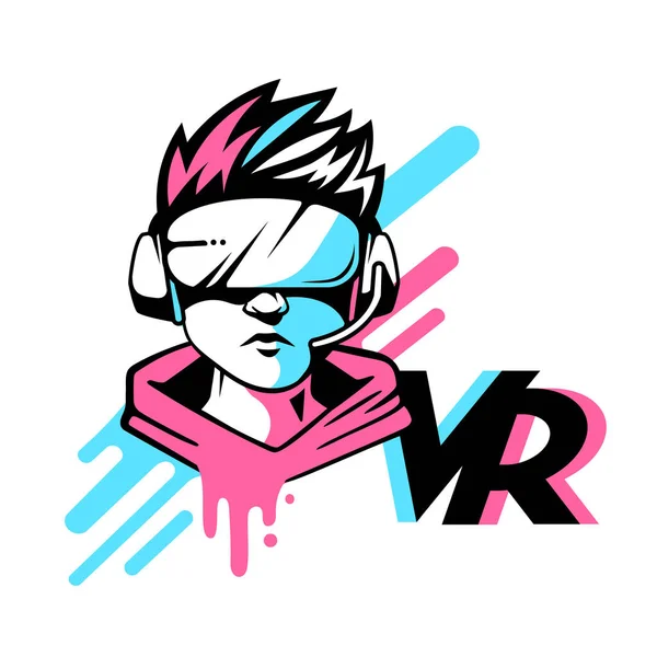 Vector Rojo Azul Logo Hombre Cabeza Con Casco Realidad Virtual — Vector de stock