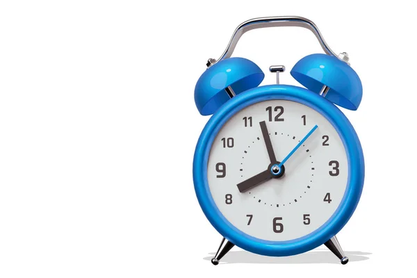 白い色の背景に隔離された矢印と青のレトロな目覚まし時計の3Dイラスト — ストック写真