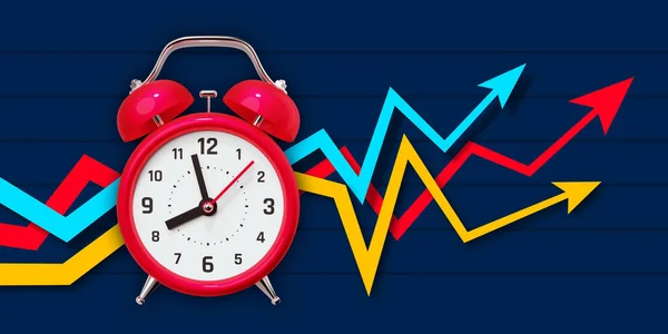 Illustration Red Retro Alarm Clock Growth Arrow Chart Dark Color — Stock Fotó