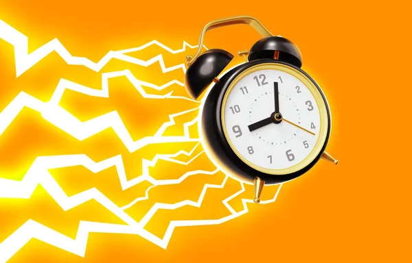 Illustration Flying Retro Alarm Clock Lightning Trail Color Background — Stock fotografie