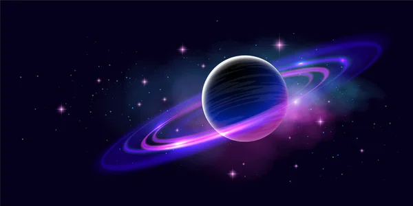 Spațiu Vectorial Ilustrație Orizontală Planetei Albastre Violet Inel Nebuloasă Lumină — Vector de stoc