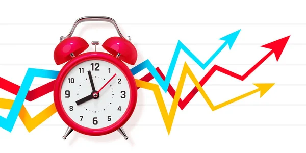 白い色の背景に成長矢印チャートと赤のレトロな目覚まし時計の3Dイラスト 金融分析時間 — ストック写真