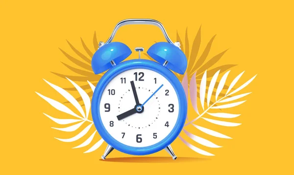 Ilustración Reloj Despertador Retro Azul Con Hoja Palma Sobre Fondo —  Fotos de Stock