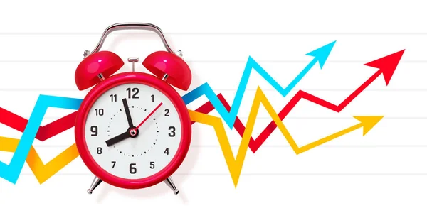 Illustration Red Retro Alarm Clock Growth Arrow Chart White Color — Stock Photo, Image