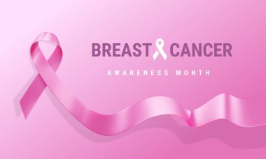 3d illustration of Pink Breast Cancer Awareness Realistic Ribbon with curl and text on Pink Color Background. Symbol of Breast Cancer Awareness Month Campaign. Design for Poster, Banner, Print