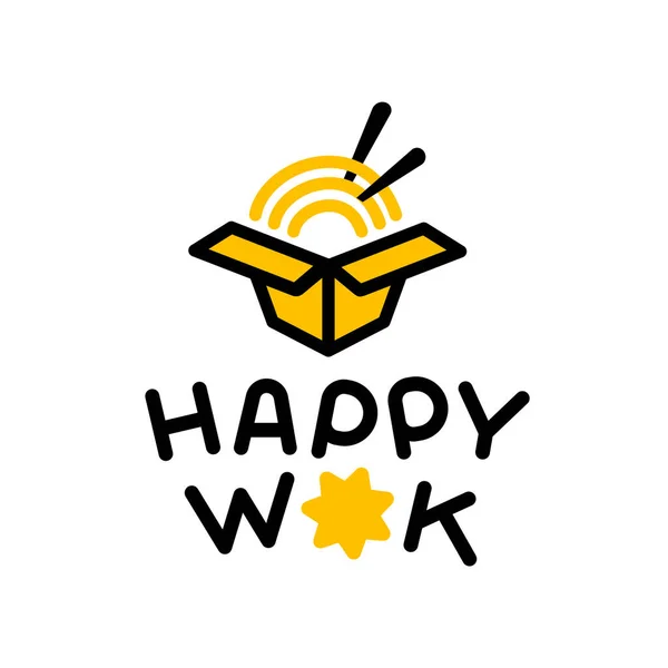 Logo Vector Happy Wok Con Fideos Chinos Caja Amarilla Sobre — Archivo Imágenes Vectoriales