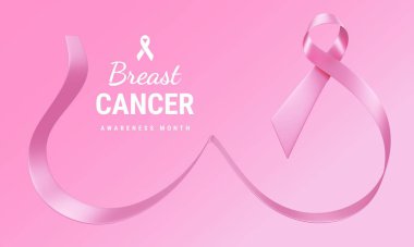 Göğüs Kanseri Farkındalığı Gerçekçi Ribbon Curve in Göğüs Şekli ve Pembe Arkaplan Üzerine Beyaz Metin 'in 3D çizimi. Poster, Sancak, Yazdırma için Tasarım