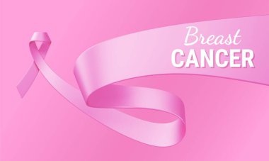 Pembe Arkaplan Üzerine Geniş Kenarlı ve Beyaz Yazılı Güzel Göğüs Kanseri Farkındalığı Gerçekçi Kurdelesi. 3D Meme Kanseri Farkındalığı Sembolü Ayı Kampanyası. Poster, Sancak, Yazdırma için Tasarım
