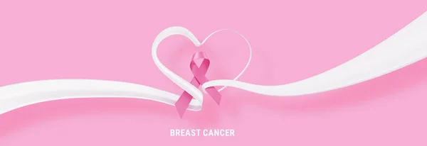 3d illustration of Pink Breast Cancer Awareness Realistic Ribbon with Loop and White Heart Ribbon on Pink Color Background. Symbol of Breast Cancer Awareness Month Campaign. Design for Poster, Banner, Print