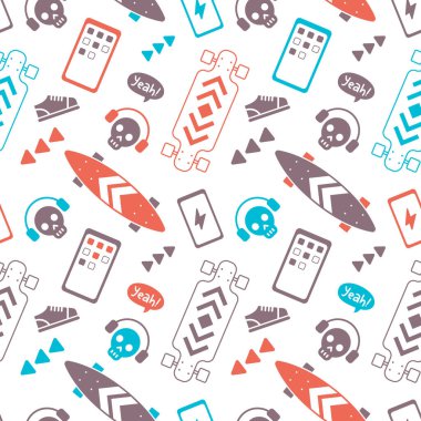 Telefon ve Kafatası ile Uçan Kaykay 'ın Vektör İllüstrasyonu. Çizgi film kaykaylı ve spor ayakkabılı kaykaysız patinaj. Tişört ve Kağıt Yazdırma, Retro Rengi için Çizgi Sanat Pateni Arkaplanı