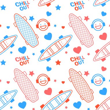 Kulaklıkla Gülümseyen Kırmızı ve Mavi Renkli Kaykay 'ın Vektör İllüstrasyonu. Çizgi film kaykayı ve Word 'le kusursuz kaykay deseni. Tişört ve Kağıt Yazdırma için Çizgi Sanat Pateni Arkaplanı