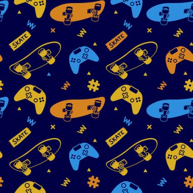 Etiketli Neon Renk Kaykayının Vektör İllüstrasyonu. Çizgi film kaykayı ve Gamepad 'li kusursuz kaykay deseni. Çizgi Sanat Stili Tişört ve Kağıt Yazdırma için Karanlık Arkaplan