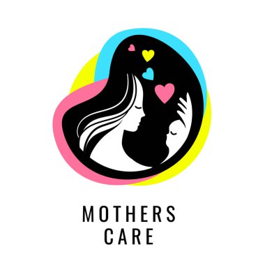 Anne ve çocuğun silueti olan vektör renkli logo. Yaratıcı Logotype Annelerinin Düz Tasarımı Metinli Kalpli Bakımı