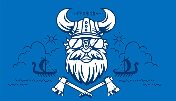 Vektor Logotyp Vit Vikingahuvud Hjälm Med Horn Och Yxa Blå — Stock vektor