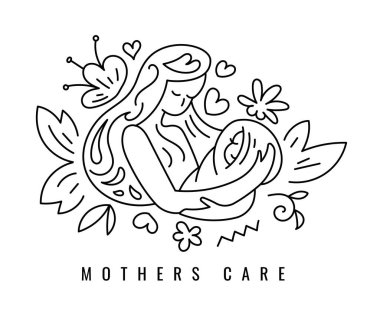 Vektör Şirin Siyah ve Beyaz Logotip Anne Çiçekli Bebeği Kucağında Tutuyor. Çizgi Sanat Tasarımı Yaratıcı Logo Sevgi Anneleri Beyaz Arkaplanda Metinli Çocuk Bakımı