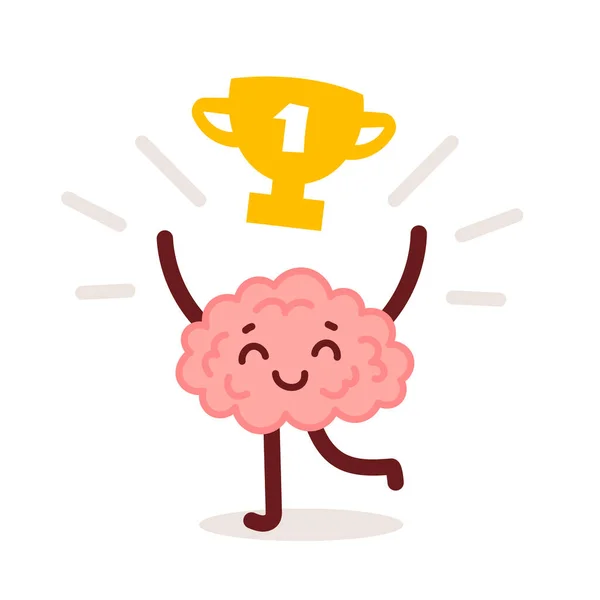 Vector Education Illustration Pink Happy Brain Character Win Golden Cup — 스톡 벡터
