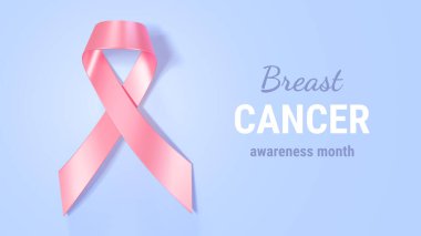 Pembe Parlak Kurdele 'nin Döngü ve Metin' le 3D İllüstrasyonu. Meme Kanseri Farkındalığının Sembolü Mavi Renk Arkaplanındaki Ay Kampanyası. Poster, Sancak, Yazdırma için Tasarım