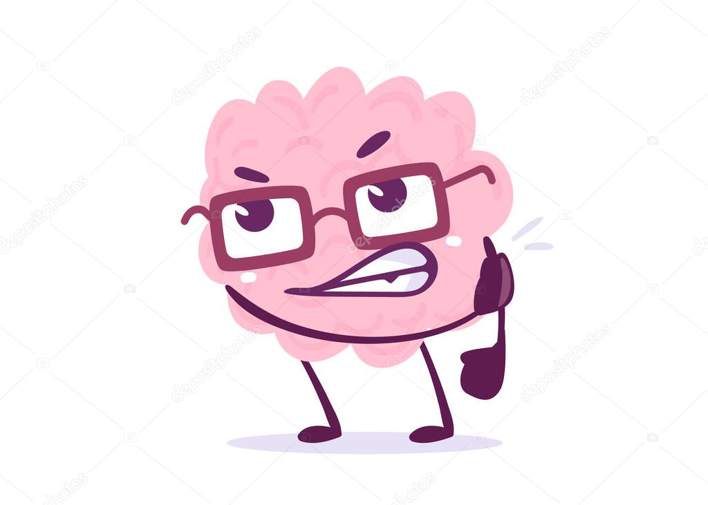 Vector Creative Illustration of Pink Human Brain Character is Angry on White Background. Flat Style Knowledge Concept Design of Brain in Glasses for Web, Site, Banner, Poster