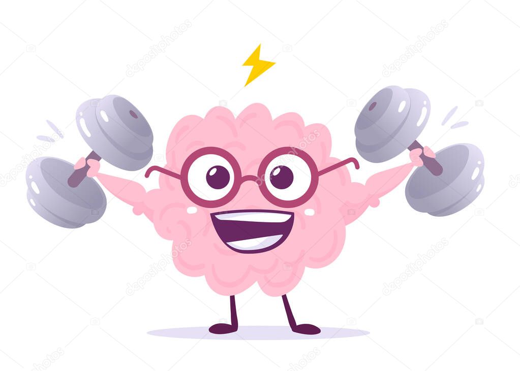 Vector Creative Illustration of Strong Pink Human Brain Character in Glasses on White Background. Flat Style Knowledge Concept Design of Emotional Brain Lifting Weight for Web, Site, Banner, Poster