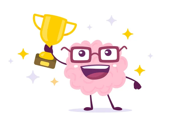 Vector Creative Illustration Happy Champion Brain Okularach Złotym Pucharem Zwycięzcy — Wektor stockowy