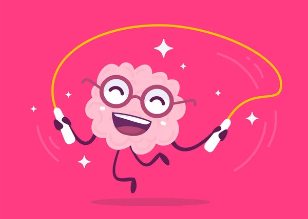 Vector Creative Illustration Happy Human Brain Character Jumping Rope Pink — Vector de stock