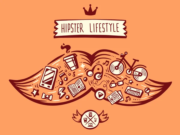 Großer Schnurrbart des Hipster-Lebensstils mit verschiedenen Elementen auf orangefarbenem Hintergrund — Stockvektor