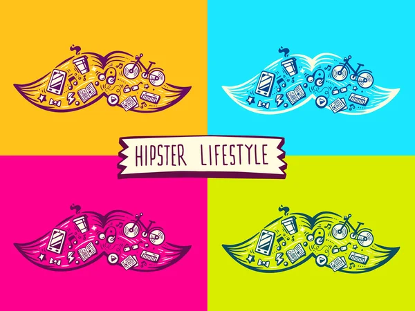 Ilustrație a setului de mustață mare de stil de viață hipster cu diferite icoane — Vector de stoc