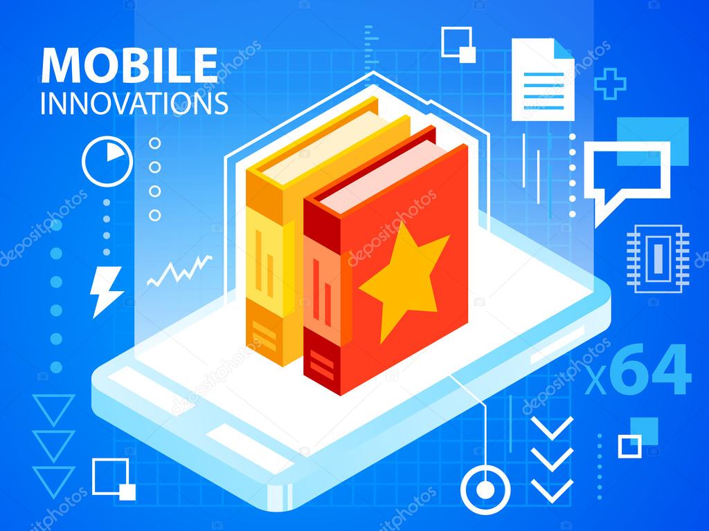 Bright illustration mobile phone and books