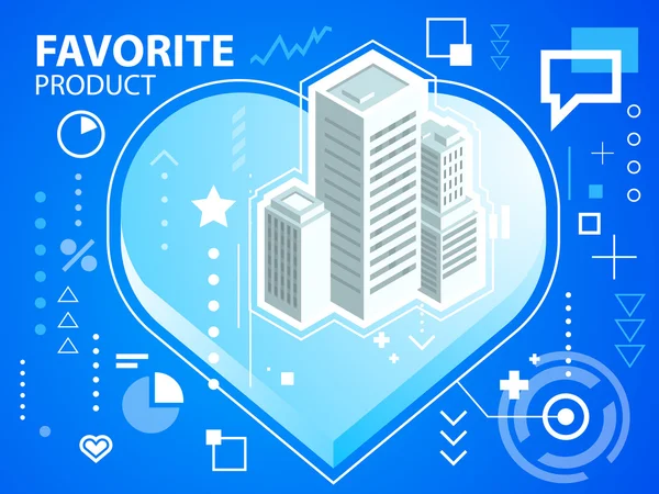 Bright illustration heart and buildings — Stock Vector