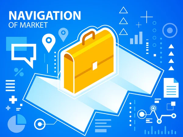 Bright illustration navigate map and work suitcase — Stock Vector