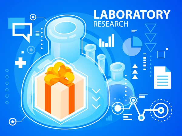 Bright illustration laboratory research and gift box — Stock Vector