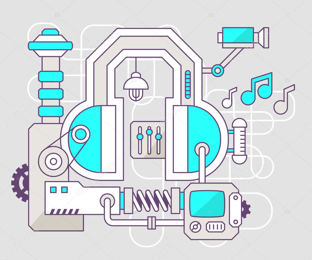 Industrial illustration of the mechanism of headphone.