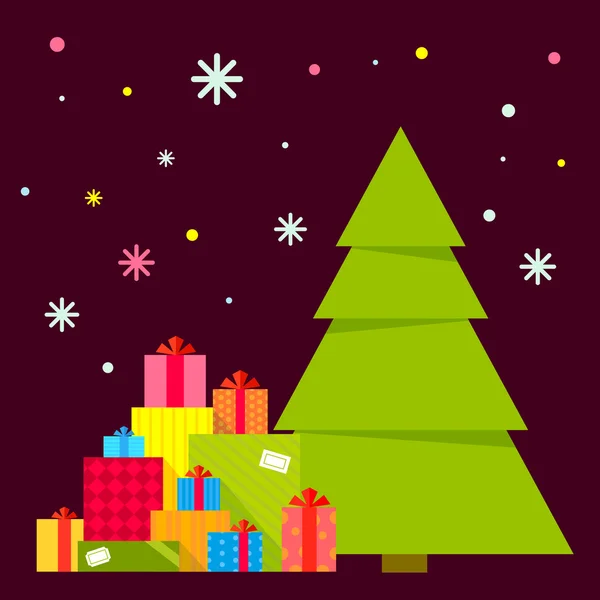 Illustration vectorielle du sapin de Noël et piles de cadeaux — Image vectorielle