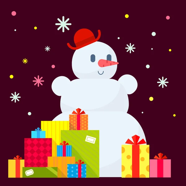 Vector illustration of the snowman and piles of presents on dark — Stock Vector