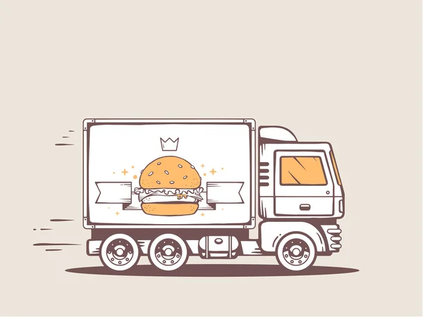 Vector illustration of truck free and fast delivering big burger — Stock Vector
