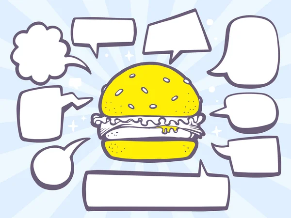 Hamburger met tekstballonnen — Stockvector