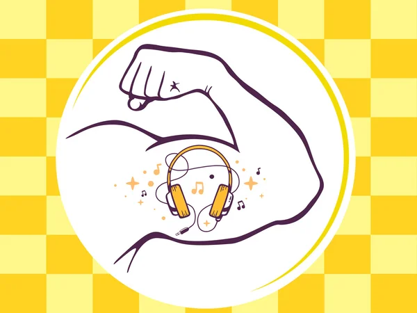 Mano de hombre fuerte con icono de auriculares — Vector de stock