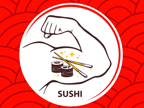 Fuerte mano de hombre con icono de sushi — Vector de stock