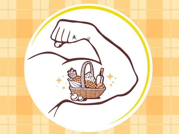 Mano de hombre fuerte con icono de cesta con comida — Vector de stock