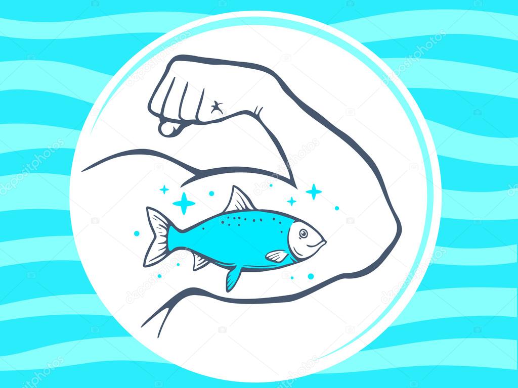 Strong man hand with icon of fish