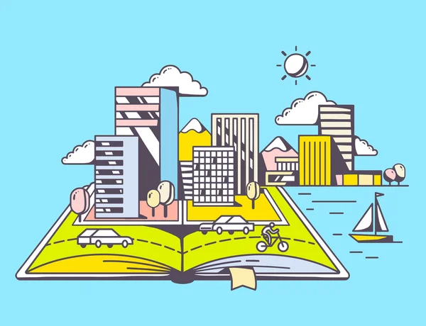 Libro abierto de dibujos animados con la ciudad moderna — Archivo Imágenes Vectoriales