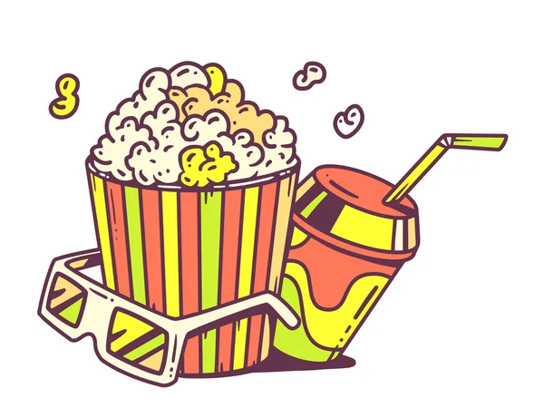 Popcorn mit Gläsern für 3D — Stockvektor