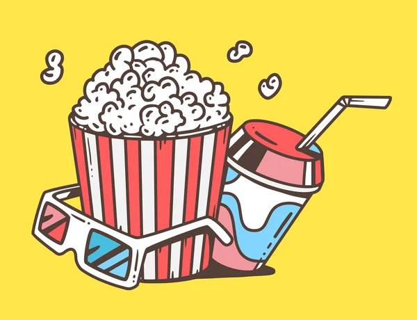 Popcorn mit Gläsern für 3D — Stockvektor